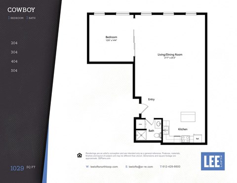 A floor plan for a 1 bedroom, 1 bathroom apartment measuring 1029 square feet.